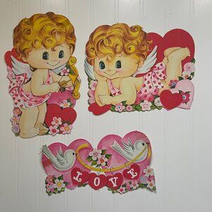 Lot Of 3 Vintage Valentine's Day Cardboard Die Cut Decorations Cherubs Birds